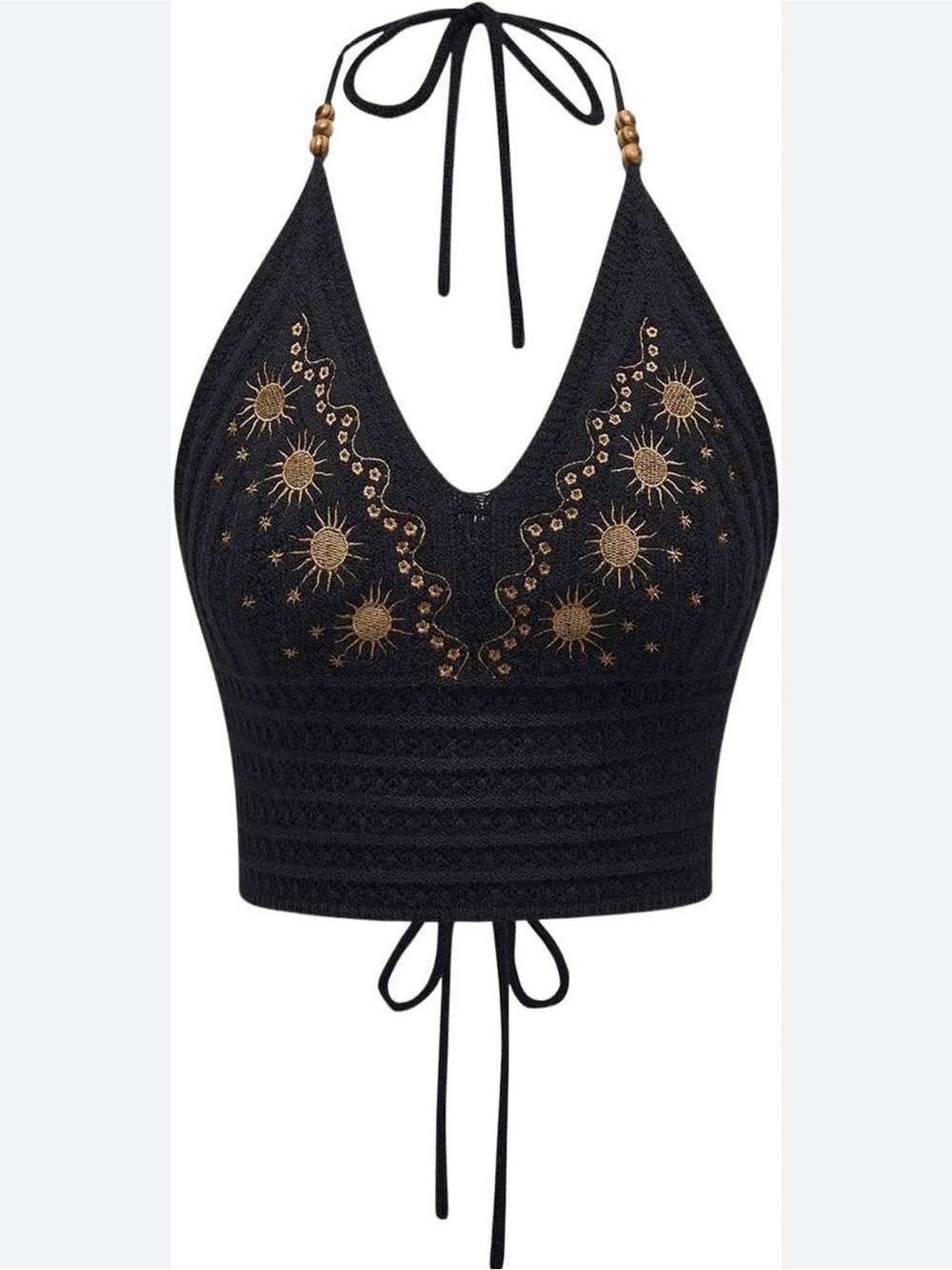Black Halter Crop Top with Gold Sun Embroidery Festival size Small